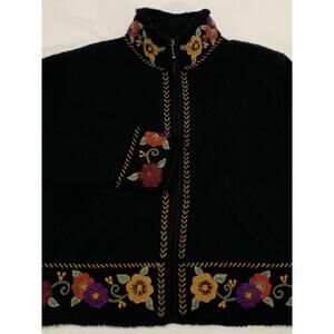 Icelandic Design Black w/Embroidered Floral/Vine Boiled Wool Zip Lined Jacket L